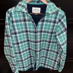 Orvis Snap Down Flannel Green Blue Plaid Fleece Shacket Shirt Jacket Women's L